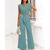 imagePRETTYGARDEN Womens Summer 2 Piece Outfits 2024 Cap Sleeve V Neck Belted Crop Tops Wide Leg Pant Sets Casual TracksuitSolid Blue Green