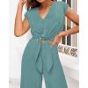 imagePRETTYGARDEN Womens Summer 2 Piece Outfits 2024 Cap Sleeve V Neck Belted Crop Tops Wide Leg Pant Sets Casual TracksuitSolid Blue Green