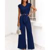 imagePRETTYGARDEN Womens Summer 2 Piece Outfits 2024 Cap Sleeve V Neck Belted Crop Tops Wide Leg Pant Sets Casual TracksuitSolid Dark Blue