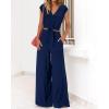 imagePRETTYGARDEN Womens Summer 2 Piece Outfits 2024 Cap Sleeve V Neck Belted Crop Tops Wide Leg Pant Sets Casual TracksuitSolid Dark Blue