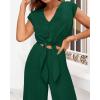 imagePRETTYGARDEN Womens Summer 2 Piece Outfits 2024 Cap Sleeve V Neck Belted Crop Tops Wide Leg Pant Sets Casual TracksuitSolid Dark Green