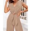 imagePRETTYGARDEN Womens Summer 2 Piece Outfits 2024 Cap Sleeve V Neck Belted Crop Tops Wide Leg Pant Sets Casual TracksuitSolid Khaki