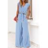 imagePRETTYGARDEN Womens Summer 2 Piece Outfits 2024 Cap Sleeve V Neck Belted Crop Tops Wide Leg Pant Sets Casual TracksuitSolid Light Blue