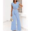 imagePRETTYGARDEN Womens Summer 2 Piece Outfits 2024 Cap Sleeve V Neck Belted Crop Tops Wide Leg Pant Sets Casual TracksuitSolid Light Blue