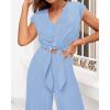 imagePRETTYGARDEN Womens Summer 2 Piece Outfits 2024 Cap Sleeve V Neck Belted Crop Tops Wide Leg Pant Sets Casual TracksuitSolid Light Blue