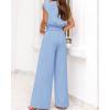 imagePRETTYGARDEN Womens Summer 2 Piece Outfits 2024 Cap Sleeve V Neck Belted Crop Tops Wide Leg Pant Sets Casual TracksuitSolid Light Blue