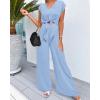 imagePRETTYGARDEN Womens Summer 2 Piece Outfits 2024 Cap Sleeve V Neck Belted Crop Tops Wide Leg Pant Sets Casual TracksuitSolid Light Blue
