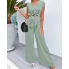 imagePRETTYGARDEN Womens Summer 2 Piece Outfits 2024 Cap Sleeve V Neck Belted Crop Tops Wide Leg Pant Sets Casual TracksuitSolid Light Green