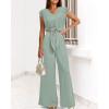 imagePRETTYGARDEN Womens Summer 2 Piece Outfits 2024 Cap Sleeve V Neck Belted Crop Tops Wide Leg Pant Sets Casual TracksuitSolid Light Green