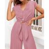 imagePRETTYGARDEN Womens Summer 2 Piece Outfits 2024 Cap Sleeve V Neck Belted Crop Tops Wide Leg Pant Sets Casual TracksuitSolid Pink