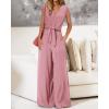 imagePRETTYGARDEN Womens Summer 2 Piece Outfits 2024 Cap Sleeve V Neck Belted Crop Tops Wide Leg Pant Sets Casual TracksuitSolid Pink