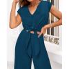 imagePRETTYGARDEN Womens Summer 2 Piece Outfits 2024 Cap Sleeve V Neck Belted Crop Tops Wide Leg Pant Sets Casual TracksuitSolid Teal