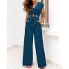 imagePRETTYGARDEN Womens Summer 2 Piece Outfits 2024 Cap Sleeve V Neck Belted Crop Tops Wide Leg Pant Sets Casual TracksuitSolid Teal