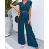 imagePRETTYGARDEN Womens Summer 2 Piece Outfits 2024 Cap Sleeve V Neck Belted Crop Tops Wide Leg Pant Sets Casual TracksuitSolid Teal