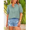 imagePRETTYGARDEN Womens Summer Button Down Shirts Short Lantern Sleeve V Neck Cotton Cute Dressy Casual Ladies Tops BlousesAqua Blue