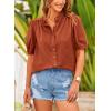 imagePRETTYGARDEN Womens Summer Button Down Shirts Short Lantern Sleeve V Neck Cotton Cute Dressy Casual Ladies Tops BlousesBrick Red