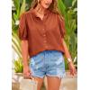 imagePRETTYGARDEN Womens Summer Button Down Shirts Short Lantern Sleeve V Neck Cotton Cute Dressy Casual Ladies Tops BlousesBrick Red