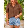 imagePRETTYGARDEN Womens Summer Button Down Shirts Short Lantern Sleeve V Neck Cotton Cute Dressy Casual Ladies Tops BlousesBrown