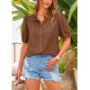 imagePRETTYGARDEN Womens Summer Button Down Shirts Short Lantern Sleeve V Neck Cotton Cute Dressy Casual Ladies Tops BlousesBrown