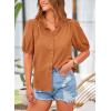 imagePRETTYGARDEN Womens Summer Button Down Shirts Short Lantern Sleeve V Neck Cotton Cute Dressy Casual Ladies Tops BlousesBrown Yellow