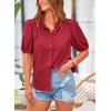 imagePRETTYGARDEN Womens Summer Button Down Shirts Short Lantern Sleeve V Neck Cotton Cute Dressy Casual Ladies Tops BlousesDark Red