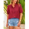 imagePRETTYGARDEN Womens Summer Button Down Shirts Short Lantern Sleeve V Neck Cotton Cute Dressy Casual Ladies Tops BlousesDark Red