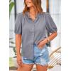 imagePRETTYGARDEN Womens Summer Button Down Shirts Short Lantern Sleeve V Neck Cotton Cute Dressy Casual Ladies Tops BlousesGrey