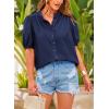 imagePRETTYGARDEN Womens Summer Button Down Shirts Short Lantern Sleeve V Neck Cotton Cute Dressy Casual Ladies Tops BlousesNavy
