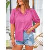imagePRETTYGARDEN Womens Summer Button Down Shirts Short Lantern Sleeve V Neck Cotton Cute Dressy Casual Ladies Tops BlousesRose Pink