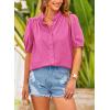 imagePRETTYGARDEN Womens Summer Button Down Shirts Short Lantern Sleeve V Neck Cotton Cute Dressy Casual Ladies Tops BlousesRose Pink