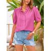 imagePRETTYGARDEN Womens Summer Button Down Shirts Short Lantern Sleeve V Neck Cotton Cute Dressy Casual Ladies Tops BlousesRose Pink