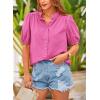 imagePRETTYGARDEN Womens Summer Button Down Shirts Short Lantern Sleeve V Neck Cotton Cute Dressy Casual Ladies Tops BlousesRose Pink