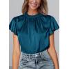 imagePRETTYGARDEN Womens Summer Satin Blouse Shirt Dressy Casual Ruffle Short Sleeve Crewneck Work Party TopsDark Sea Blue