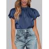 imagePRETTYGARDEN Womens Summer Satin Blouse Shirt Dressy Casual Ruffle Short Sleeve Crewneck Work Party TopsNavy
