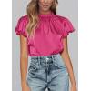 imagePRETTYGARDEN Womens Summer Satin Blouse Shirt Dressy Casual Ruffle Short Sleeve Crewneck Work Party TopsRose Red