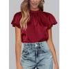 imagePRETTYGARDEN Womens Summer Satin Blouse Shirt Dressy Casual Ruffle Short Sleeve Crewneck Work Party TopsWine Red