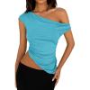 imagePRETTYGARDEN Womens 2024 Summer Off The Shoulder Crop Tops Sleeveless One Shoulder Ruched Asymmetrical Y2K Going Out Tank TopAqua Blue