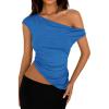 imagePRETTYGARDEN Womens 2024 Summer Off The Shoulder Crop Tops Sleeveless One Shoulder Ruched Asymmetrical Y2K Going Out Tank TopBlue