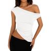 imagePRETTYGARDEN Womens 2024 Summer Off The Shoulder Crop Tops Sleeveless One Shoulder Ruched Asymmetrical Y2K Going Out Tank TopWhite