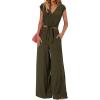 imagePRETTYGARDEN Womens Summer 2 Piece Outfits 2024 Cap Sleeve V Neck Belted Crop Tops Wide Leg Pant Sets Casual TracksuitSolid Army Green