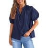 imagePRETTYGARDEN Womens Summer Button Down Shirts Short Lantern Sleeve V Neck Cotton Cute Dressy Casual Ladies Tops BlousesNavy