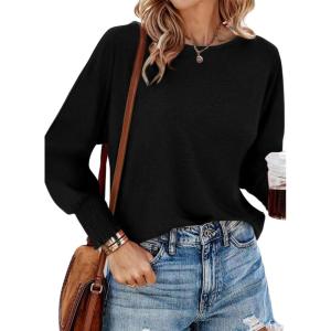 imagePRETTYGARDEN Womens 2024 Fall Fashion T Shirts Puff Long Sleeve Crewneck Casual Basic Tee Tops BlousesBlack