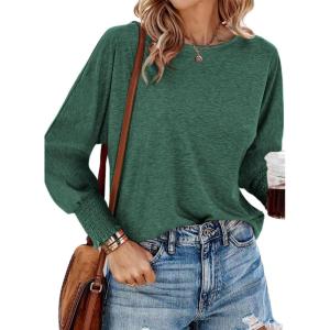 imagePRETTYGARDEN Womens 2024 Fall Fashion T Shirts Puff Long Sleeve Crewneck Casual Basic Tee Tops BlousesDark Green