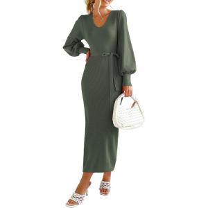 imagePRETTYGARDEN Womens 2024 Fall Knit Pullover Sweater Elegant Long Lantern Sleeve V Neck Winter Maxi Bodycon DressesArmy Green