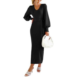 imagePRETTYGARDEN Womens 2024 Fall Knit Pullover Sweater Elegant Long Lantern Sleeve V Neck Winter Maxi Bodycon DressesBlack