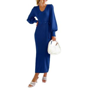 imagePRETTYGARDEN Womens 2024 Fall Knit Pullover Sweater Elegant Long Lantern Sleeve V Neck Winter Maxi Bodycon DressesBlue