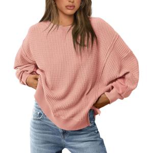 imagePRETTYGARDEN Womens 2024 Fall Oversized Crewneck Sweatshirts Casual Long Sleeve Pullover Waffle Knit Shirts TopCoral Pink