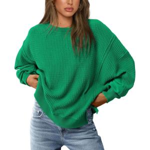 imagePRETTYGARDEN Womens 2024 Fall Oversized Crewneck Sweatshirts Casual Long Sleeve Pullover Waffle Knit Shirts TopGreen