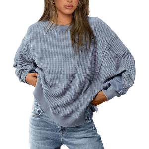 imagePRETTYGARDEN Womens 2024 Fall Oversized Crewneck Sweatshirts Casual Long Sleeve Pullover Waffle Knit Shirts TopGrey Blue