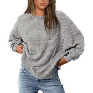 imagePRETTYGARDEN Womens 2024 Fall Oversized Crewneck Sweatshirts Casual Long Sleeve Pullover Waffle Knit Shirts TopLight Grey